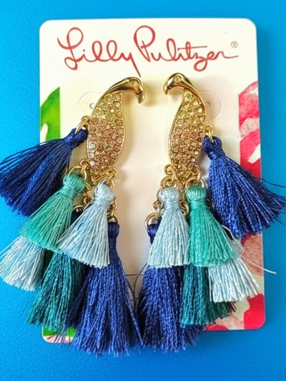 Lilly Pulitzer Gold Parrot Tassel Earrings -New On Card Shades of Blues 💙🩵POST - Picture 1 of 5